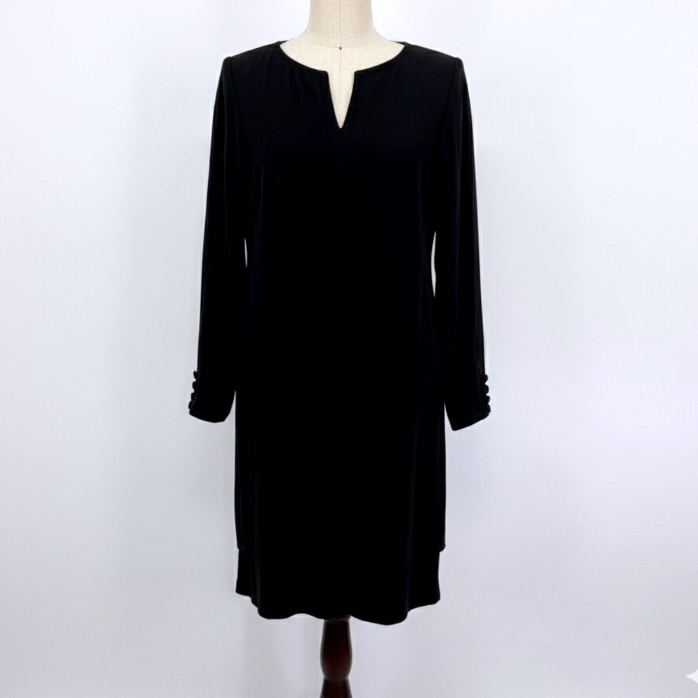 Vtg Tom Linda Platt Henri Bendel Petite Black‎ V Neck Long Sleeve Tier Dress